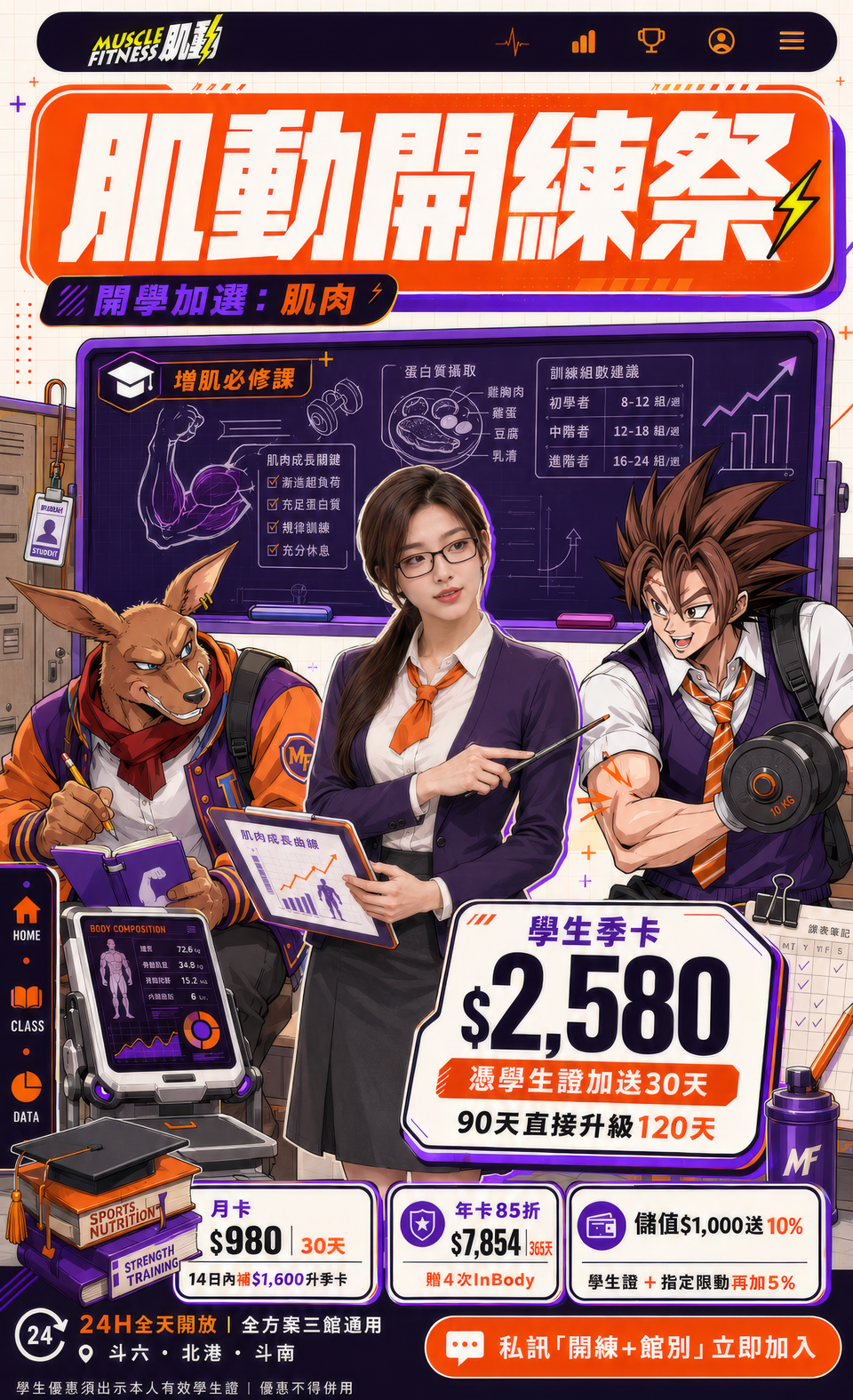 肌動開練祭原海報：完整三人黑板教室構圖，學生季卡 2,580 元、月卡 980 元、年卡 7,854 元及儲值優惠